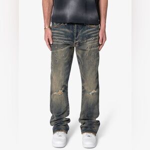 mnml Metal Eyelet Grommet Yellow Washed Distressed Denim Flare Jeans